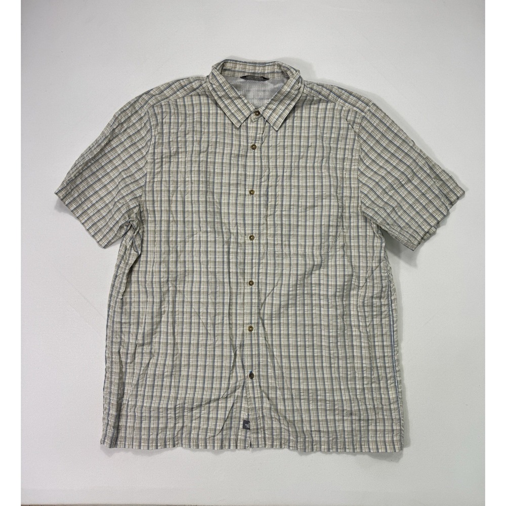 The North Face Men's XL Beige Blue Plaid Seersucker Button Shirt Hiking Outdoor
